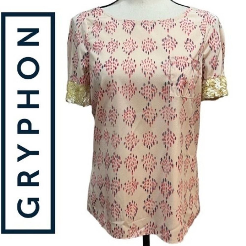 Gryphon New York Pink Printed Short Sleeve silk Sequin Pocket Tee Top size small